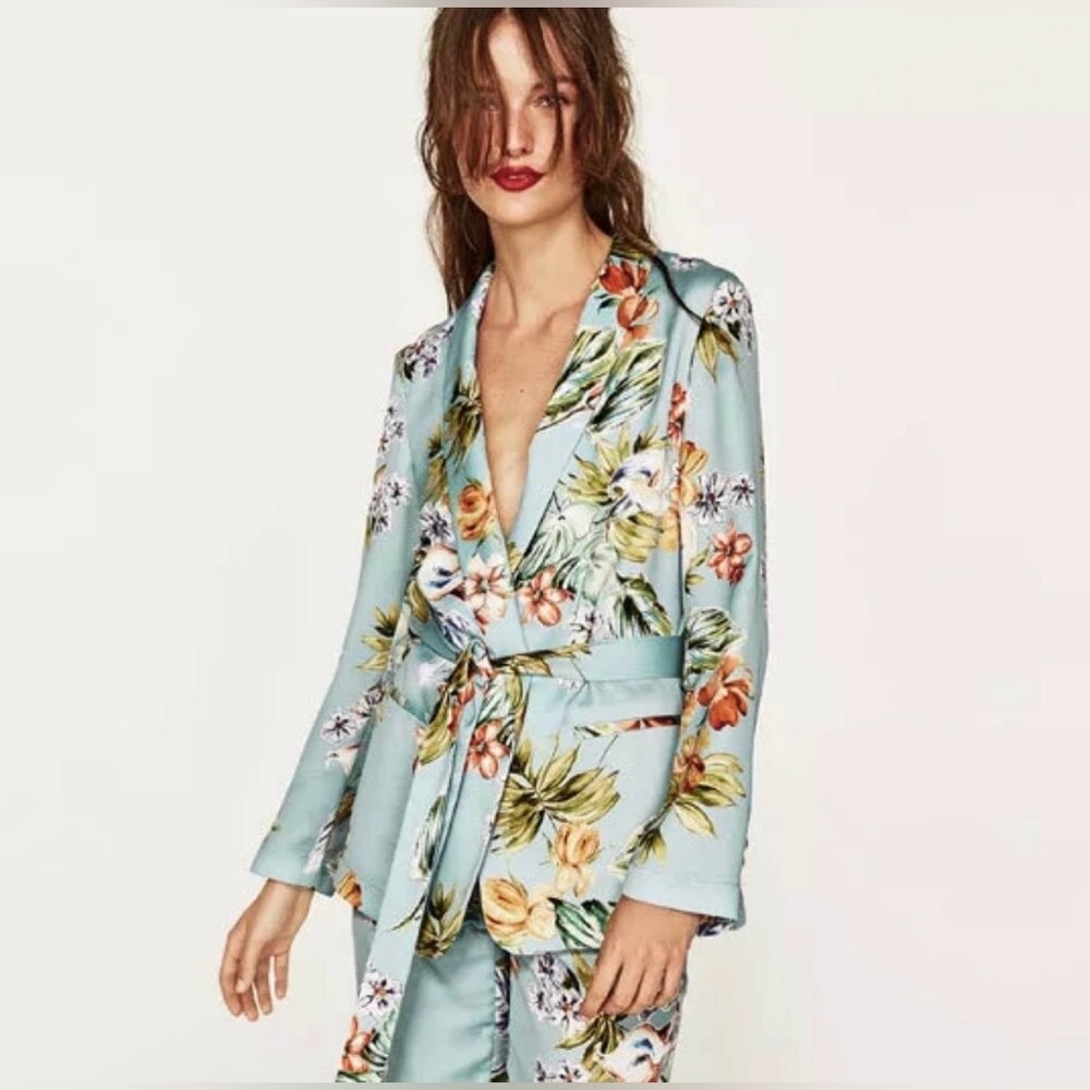 Floral Satin Belted Blazer Jacket in Light Blue
